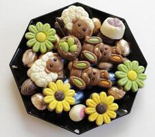 chocolate easter flowers, bunnies, lamb and eggs photo