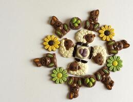 chocolate easter flowers, bunnies, lamb and eggs photo