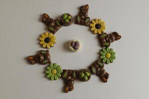 chocolate easter flowers, bunnies, lamb and eggs photo