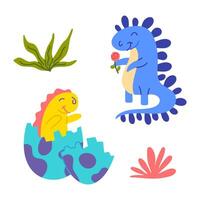 Cartoon Color Characters Cute Baby Dinosaurus Icons Set vector