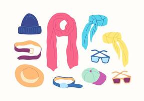 Cartoon Color Different Type Clothes Female Accessories Set. vector