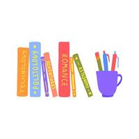 Cartoon Color Stack Different Stack Books and Mug with Pens Concept. vector