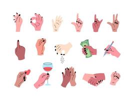 Cartoon Color Different Hand Gestures Set. vector