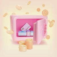 3d Open Safe with Different Money Cartoon Style vector