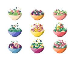 Cartoon Color Various Salads Set vector