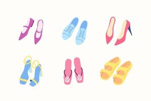 Cartoon Color Different Type Clothes Female Shoes Set. vector