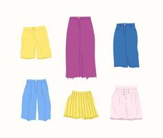 Cartoon Color Different Type Clothes Female Skirts and Shorts Set. vector