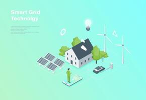 Color Smart Grid Technology with Renewable Energy Concept 3D Isometric View vector