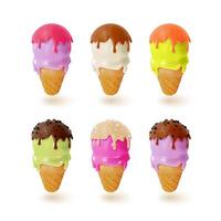 3d Different Tastes Waffle Cone with Scoops of Ice Cream Set Sweet Dessert Food Cartoon vector