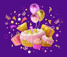3d Sweet Birthday Party Concept Background Cartoon . vector