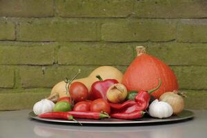 a plate with Fresh vegetables picked fresh from the garden photo