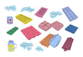 Cartoon Color Ice Cubes and Plastic Trays for Freezing Water Set. vector