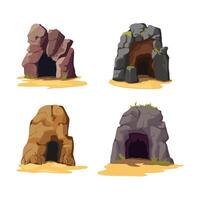 Cartoon Color Empty Stone Caves Entrance Set. vector