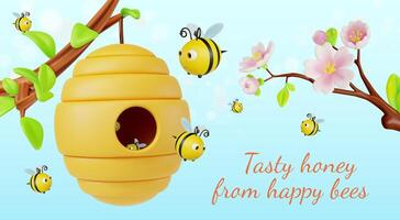 3d Tasty Honey from Happy Bees Concept Banner Poster Card Cartoon vector