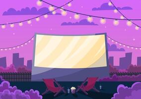 Cartoon Color Night Open Air Cinema Scene Concept. vector