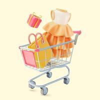 3d Metal Shopping Cart with Paper Bag, Gift Box and Female Dress Cartoon Design Style. vector