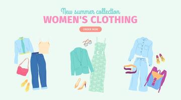 dibujos animados color ropa hembra verano colección bandera. vector