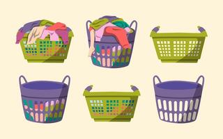 Cartoon Color Laundry Basket with Clothes and Empty Set. vector