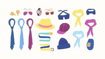 Cartoon Color Different Type Clothes Male Accessories Set. vector