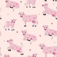 Seamless pattern of cute cows with pink heart-shaped spots. graphics. vector