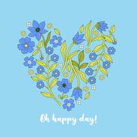 Blue heart made of cute flowers and leaves and an inscription. graphics. vector