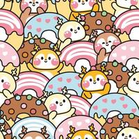 Repeat.Seamless pattern of cute deer greeting with big donut background.Wild animal character cartoon design.Sweet.Bakery.Dessert.Image for card,poster,baby clothing.Kawaii.Illustration. vector