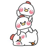 Cute hen stay on top each other greeting.Farm chicken animal character cartoon design.Image for card,poster,sticker,baby clothing,t shirt print screen.Relax.Lay.Kawaii.Illustration. vector