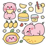 Set of cute pig in lemon concept.Farm animal character cartoon design collection vector