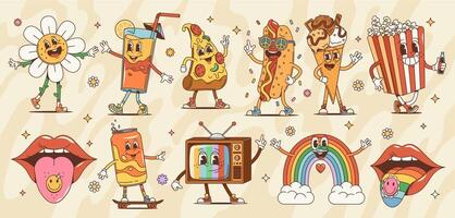 Cartoon retro groovy hippie characters, set vector