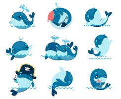 Cartoon cute kawaii whale characters, sea animals vector