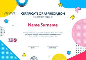 Certificate template with geometric Memphis shapes vector