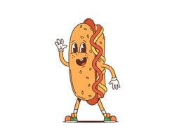 Cartoon retro hot dog groovy character, fast food vector