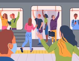 Cartoon Color Different Characters People and Subway Train Concept. vector