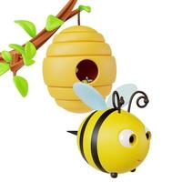 3d Hive with Cute Bee Hanging on a Tree Branch Cartoon vector