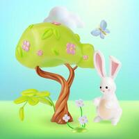 3d Blooming Tree with Flying Butterfly and White Bunny Sitting Under Cartoon vector