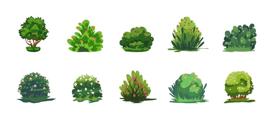 Cartoon Color Different Shrubberies with Flowers Set