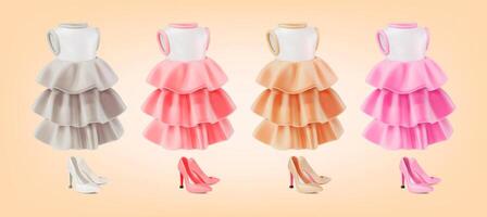 3d Different Color Clothes Female Dress and High Heels Cartoon Design Style. vector