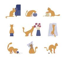 Cartoon Color Naughty Cat Behavior Set vector