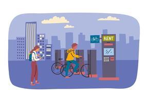 Cartoon Color Characters People and Bike Rental in Town Evening Concept. vector