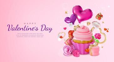 3d Happy Valentines Day Sweet Dessert, Decoration and Gift Boxes Ads Banner Concept Poster Card. vector