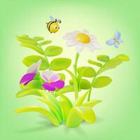 3d Different Flowers in Grass with Flying around Ladybug Insect and Butterfly Cartoon vector