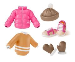 3d Winter Clothes Set Concept Cartoon Design Style. vector