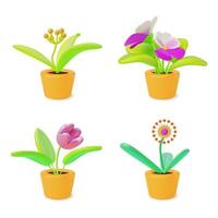 3d Houseplant Concept Pansies and Tulip in Cachepots Set Cartoon vector