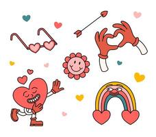 Cartoon Color Groovy Valentines Day Elements Set. vector