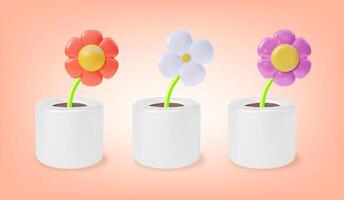 3d Different Types Cute Houseplants Flowers in Cachepots Set Cartoon vector
