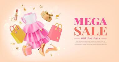 3d Mega Sale Clothing Store Ads Banner Concept Poster Card. vector