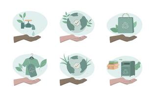 Eco friendly sustainable, Set of Hands characters who care about the world, Innovation, technology and collaboration, Preservation of ecology of planet, Climate change problem concepts, design. vector