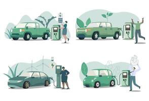 conjunto de eléctrico coche eléctrico recoger con eléctrico cargando estación, eco simpático sostenible, limpiar verde energía desde renovable fuentes, concepto de cuidando para el ambiente en tierra. diseño. vector