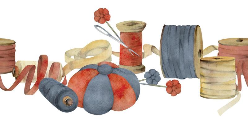 Hand drawn watercolor illustration sewing craft supplies. Pin cushion ribbon thread bobbin needles flower pins. Seamless banner isolated on white background. Design atelier, tailor, hobby shop