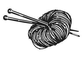Sketch of wool yarn with knitting needles. Hobby, leisure activity doodle. Outline illustration in retro engraving style. vector